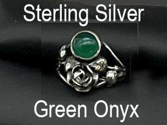 Lot 2- Sterling Silver Antique Green Onyx Art Deco Rose Ring Size 4.5 - Germany