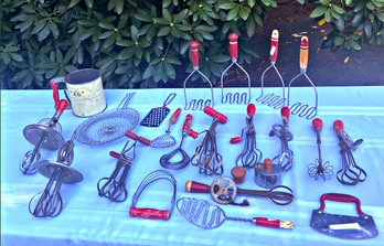 Lot 500 -1930s  Red Wood Handle Utensil Lot Of 20 Kitchen Tools Egg Beaters Hand Mixers Flour Sifter  Ecko