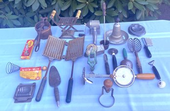 Lot 504 - 1930s Farmhouse Utensil Lot Of 20 Kitchen Tools Whip Palmer Presto - Waffle Iron - French Fries