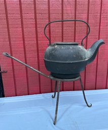 Lot 323 - 1869 Really Large Cast Iron Antique Kettle With Hand Forged Stand - Primitive Cookware