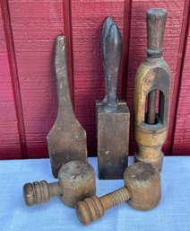 Lot 351 - Primitive Wood Kitchen Tools - Spatula - Nutcracker - Antique Hand Held Culinary Utensils