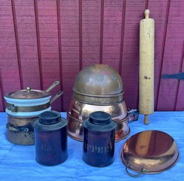 Lot 401 - Copper Lot -  Bowls - Double Boiler - Coffee Tea Cannisters - Giant Rolling Pin - Vintage Pans