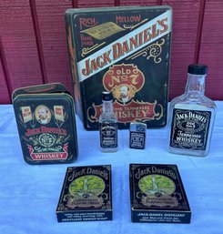 Lot 410- Jack Daniels Whiskey Collectors Lot - Empty Display Bottles, Lighter, Cards - Vintage Tin