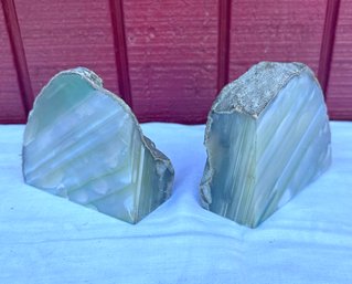 Lot 423- Geode Book Ends - Beautiful Green Calcite White Swirl - 2