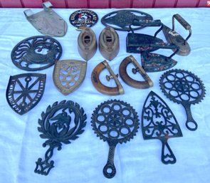 Lot 411- Irons, Iron Rests & Trivets - Antique Iron Brass Lot - 18 Pieces -