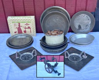 Lot 408- Apple Pie Lot - Early 1900s Cast Iron Apple Peeler - Advertising Tin Pie Pans - Vintage Spice Set