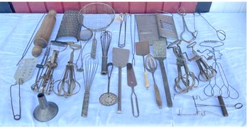 Lot 426- Late 1800s Kitchen Utensils - Egg Beaters - Mixers Rollers Spoons Spatulas - Primitive Country Decor