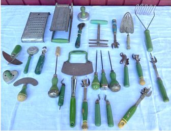 Lot 430- 1930s Utensil Lot With Green Handles - Kitchen Collectibles - Ice Picks - Can Opener Masher -