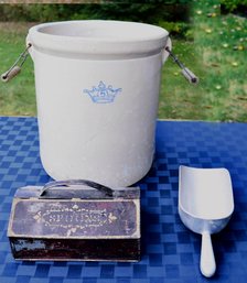 Lot 240 - Antique 5 Gallon Blue Crown Pottery Stoneware Crock - Large Scoop - Primitive Utensil Tin Box