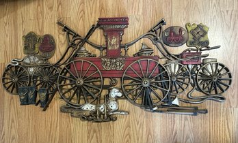 Lot 413- 1971 Burwood Fire Truck & Dalmatian Dog - Axes - Helmets - Hoses - Vintage Wall Plaque Hanging