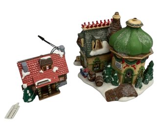 Lot 238KR - Department 56 Snow Village Pinewood Log Cabin Ornament & North Pole Elf Land Cold Care Clinic