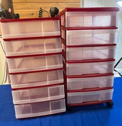 Lot 466- Red & White 6 Drawer Rolling Storage Bins Carts - Lot Of 2 - Ornaments - Crafts