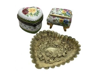 Lot 41- Sweet Trinket Boxes - Heart Repousse Dish - Lot Of 3