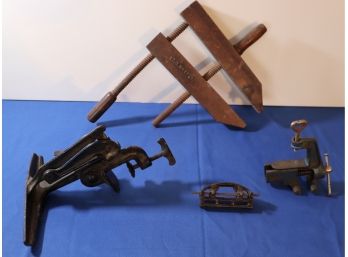 Lot 426- Vintage Wood Clamp & Metal Hardware Lot - Hand Tools Antique Cast Iron Saw Tooth Jointer