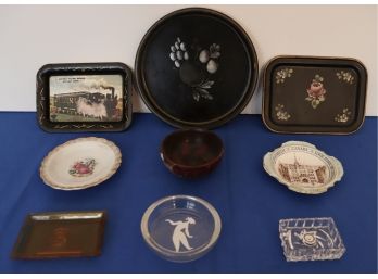 Lot 297-Small Metal & Glass Decorative Tip Hand Painted Tray Lot - Crystal - Hand Cut - China Lot Of 9