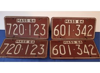 Lot 294- PAIRS!  1964 Massachusetts Red Auto Vintage License Plates - HTF - 2 Pair