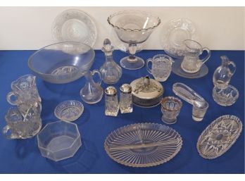 Lot 416- Antique Pressed Clear Glass 24 Piece Lot - Pitchers - Bowls - Decanter - Dishes Salt & Pepper