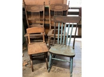 Lot 62- Oak Spindle Chairs- Childs Oak- Rocking Chair- All Sturdy - Antique Lot Of 4