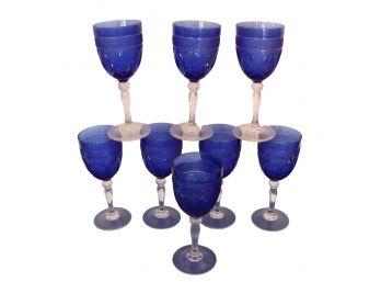 Lot 292- Beautiful Cobalt Blue Crystal Wine Goblets Stemware & Storage Case - Lot Of 8