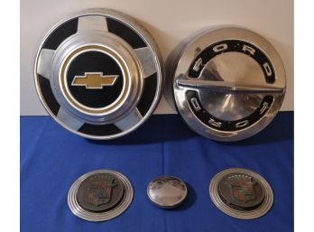 Lot 422- Antique Automotive Lot - Cadillac - Chevy - Ford - Hubcaps Chrome Gas Radiator Cap