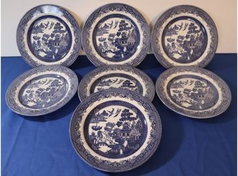 Lot 287- Churchill Willow England China Dish Ware - 7 Dinner Plate Lot- Blue And White