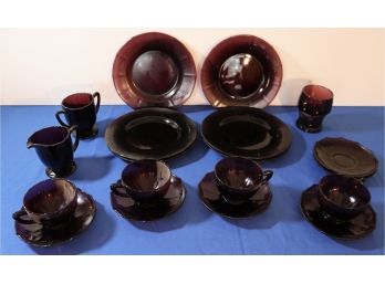 Lot 413- Huge 19 Piece Amethyst Depression Glass Service Set - Cups - Plates - Sugar - Creamer