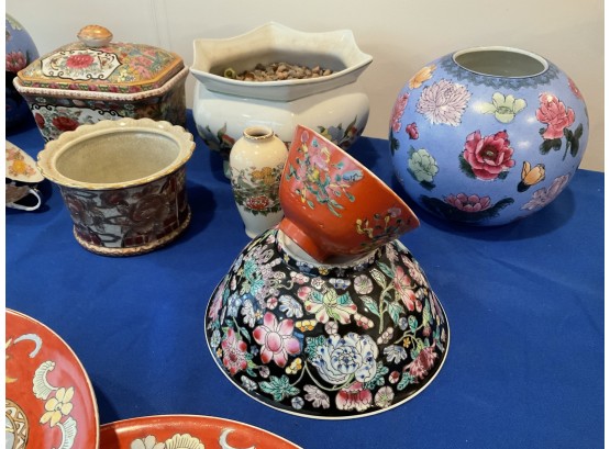 Lot 155- Asian Decorative Dish Lot - Plates, Planters, Cups, Covered Box And More