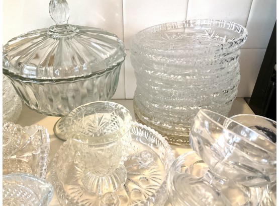 Lot 206- Vintage Glass 41 Pcs Pressed Crystal Serving Dishes Relish Pudding Cups More