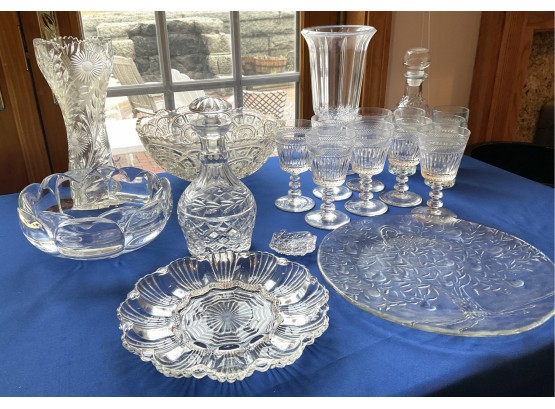 Lot 217- Vintage Glass Crystal Lot Decanter Egg Dish Hurricane Lamp Vase 19 Pcs