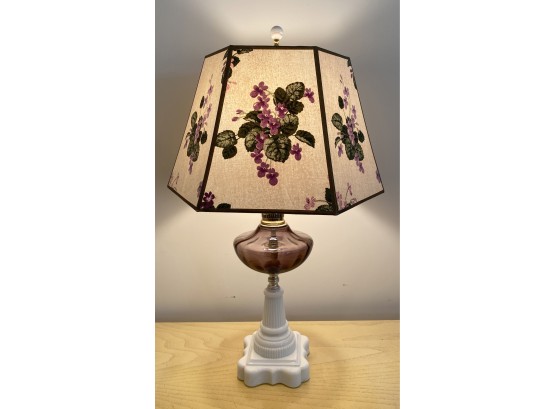 Lot 95 - Country 26 Inch Table Lamp Purple Glass Globe And Milk Glass Base - Floral Shade