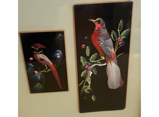 Lot 88 - Asian Birds - Hand Painted With Feathers In Bamboo Frame 11x15