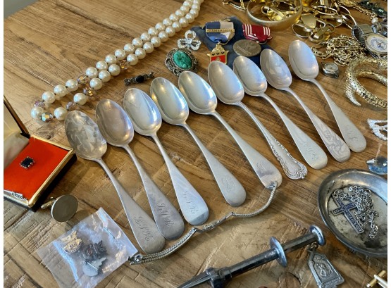 Lot 298- Sterling Silver Spoons - Lot Of Jewelry - Watches - Medals - Mixed Lot  - WILL SHIP THIS LOT