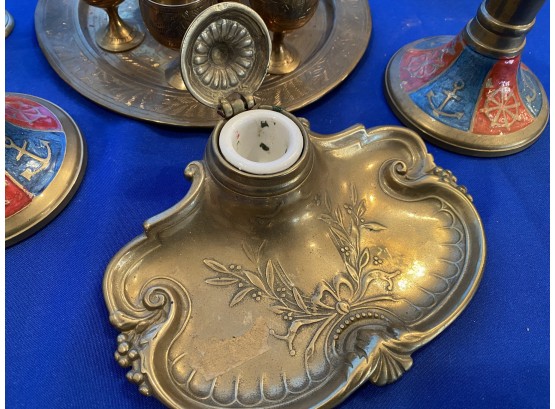 Lot 102 - Brass Lot - Ink Well, Saki Set, Vase, Nautical Candle Holders