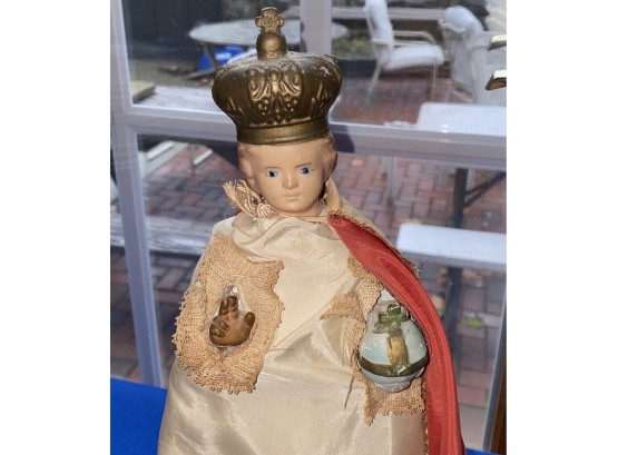 Lot 167 - Religious Lot 12 Infant Of Prague Baby Jesus In Cement Diorama 8 Inch Brass Angel Candleholders