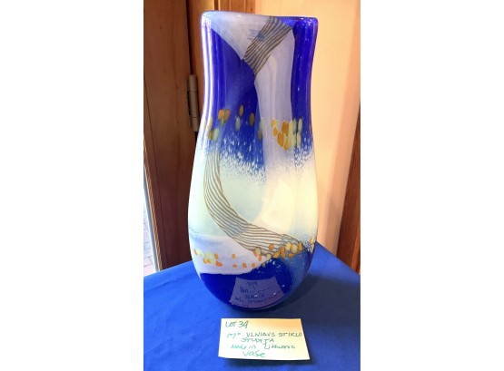 Lot 39- Stunning Vlniaus Stiklo Studija Art Glass Handblown Vase Blue Gold Lithuanian