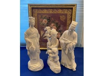 Lot 79- 3 White Light Ivory Ceramic Asian Figures 12 Inch Plus Victorian Fan Art Framed