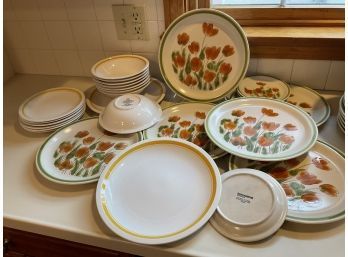 Lot 208- Vintage Stoneware Tulips Dish Lot 25 Pcs Meadowbrook Japan Premiere Colorama Curry Oven Safe