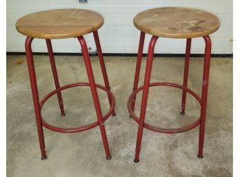 Lot 245 - Pair Of Red Metal Industrial Style And Wood Work Stools