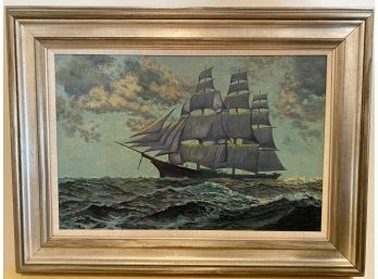 Lot 1 - Schooner Ship Original Painting In Vintage Frame - Signed Carl Saxild LARGE - 40 X 30