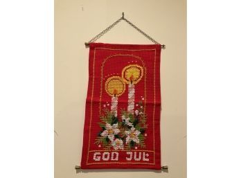 197- Norwegian God Jul Christmas Cross Stitched Hand Made Wall Hanging 10 1/2 Inches X 19 Inches