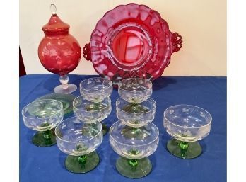 Lot 190 Vintage Ruby Red Plate Candy Bowl Green Depression Glass Stemware Etched Lot