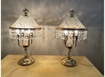 Lot 12- Pair Of Italian Crystal & Brass  Boudoir Or End Table Lamps