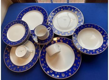 Lot 188 - Pottery Barn IDG Blue Gold Stars & Swirls Set - Coffee Cup Mug, Bowls, Salad, Dinner Plates