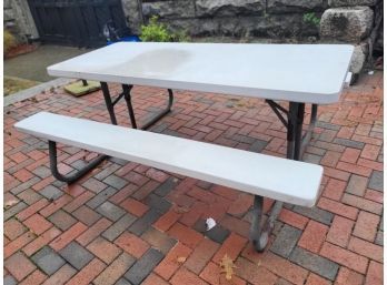 Lot 236 - Folding 6 Ft White Plastic Picnic Table With Bench Seats - Patio Table