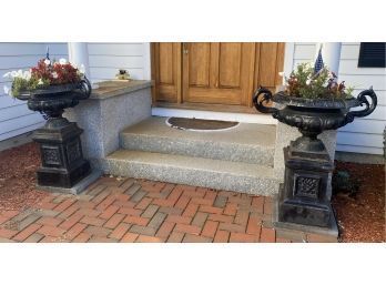 A Rare Find -  Pair Of 2 Large Neoclassical- 37' - Antique Cast Iron Garden Urns On Pedestal Late 19th Century