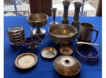 163 - Mixed Metal Lot - Blue Glass Dish - Silver And Glass Coasters - Viking Mug - Dutch - Norwegian