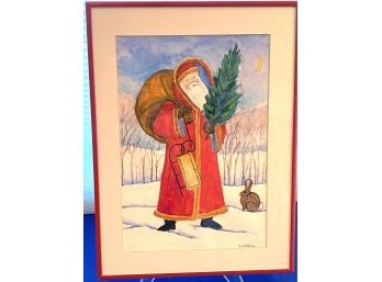 Lot 100 - Norwegian Hand Painted Christmas Santa With Wildlife Bunny Artist Yolanda Collins 12x16