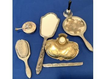 Lot 191- Vanity Items  Antique Desk Inkwell - Sterling Silver Hand Mirror