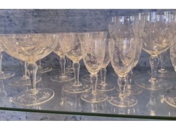 Lot 34- 25 Pieces Of Etched Vintage Stemware Glasses - Roses Floral