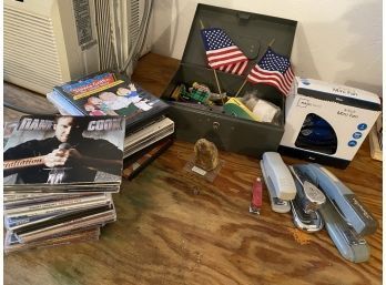 Lot 278 - Metal Box With Staplers, Staples, Small US Flags, Plus DVDs & CDs - Small Desk Fan